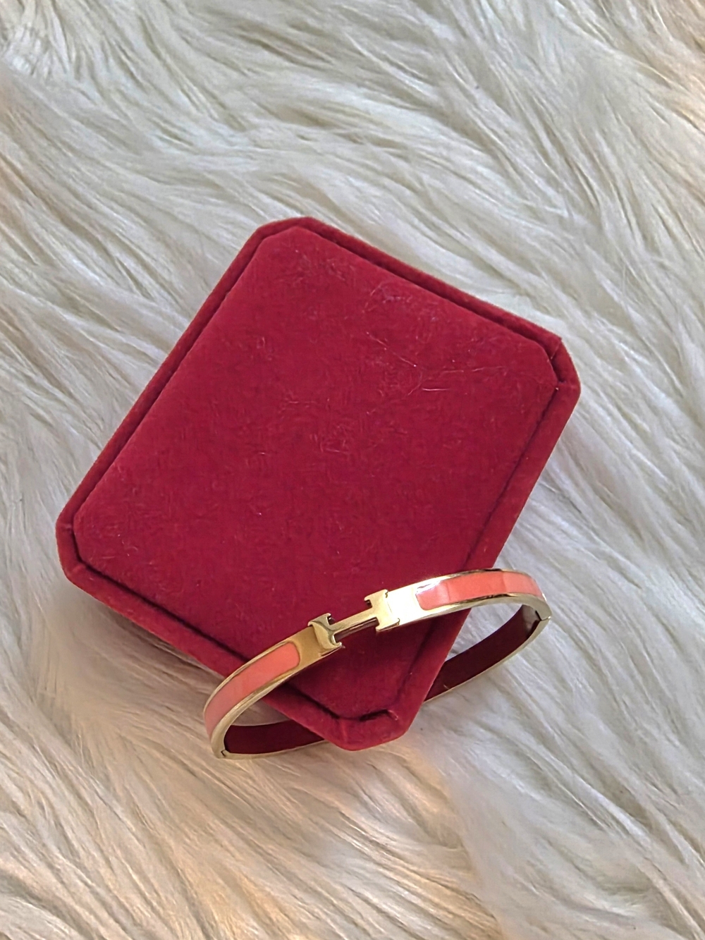 Gold Bangle Bracelet with Coral Enamel Inlay - Picture 4 of 4